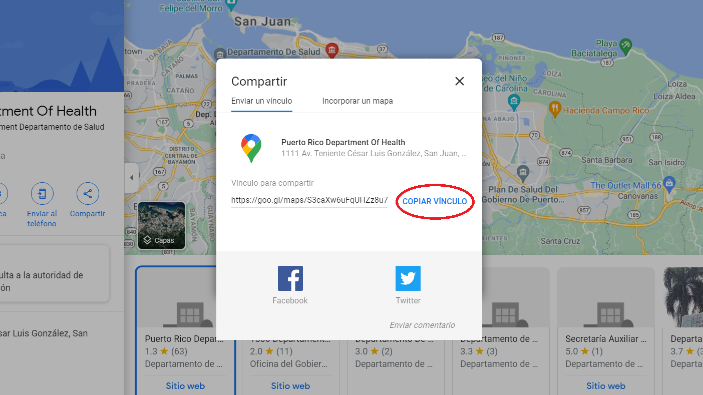 Imagen de la interfaz enfatizando el botón usado para compartir los resultados de una búsqueda en Google Maps.